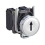 Schneider Electric trykknap komplet, hvid med sort pil op, 1NO, 22mm diameter, vist fra fronten med monteringskontakt.