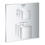 Grohe Grohtherm Cube termostatbatteri i krom med to firkantede greb, en til temperatur og en til flow, med symboler for brusefunktion.