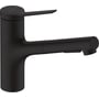 Hansgrohe Zesis M33 150 køkkenarmatur i matsort, med L-tud og integreret sBox udtræk på hvid baggrund.