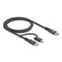 Delock 1 meter sort 2-i-1 USB-C til USB-C/Lightning kabel med flettet beklædning og markante stik.