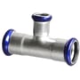 Unico T-stykke til pressystemer i rustfrit stål med blå EPDM O-ring, 108-88,9-108 mm, DVGW-godkendt.