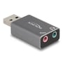 DeLock eksternt USB-lydkort set fra siden med USB-A-stik og to 3,5 mm stereojack i pink og grøn.