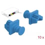 To blå Delock støvhætter til RJ45 hunstik og en illustration af et netværksudstyr med tilsluttede kabler.