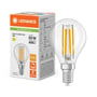 Ledvance LED-kronepære med klar glaskuppel og filamenter står ved siden af emballagen med produktets specifikationer.