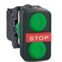 Schneider Electric tredobbelt trykknap, rød stopknap med hvid tekst, omgivet af to grønne startknapper uden mærkning, 22mm diameter.