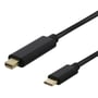 Deltaco USB-C til mini DisplayPort-kabel set skråt, med de guldfarvede stik og sorte stikskaller tydeligt fremme.