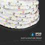 Nærbillede af V-TAC LED strip med IP20 rating, der angiver støv- og fugtafvisning samt fremhæver kobberstrippen for god varmeafledning.