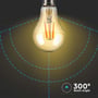 V-TAC LED kultrådspære, der illustrerer en 300 graders strålevinkel med blå linjer og tekst '300° Beam Angle'.