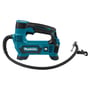 Makita 18V luftpumpe, kompakt design i turkis og sort med sort slange og dyse på hvid baggrund.