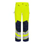 FE Engel stretch arbejdsbukser 2544 i gul og mørkeblå med reflekser, vist forfra med knapper og lommer.