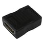 Deltaco HDMI-kobler set skråt forfra med den guldfarvede HDMI-port og det sorte, riflede kabinet tydeligt synligt.