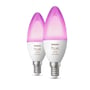 To Philips Hue E14 kertepærer med Color & White Ambiance funktion lyser i nuancer af pink og lilla, vist på hvid baggrund.