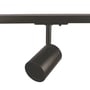 Scan Products Mita 1F skinnespot i sort, rund form, monteret på en sort skinne, viser en elegant belysningsløsning.