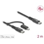 DeLock 2-i-1 USB kabel med USB-C og Lightning stik, mærket med 'Made for iPod, iPhone, iPad' og 'USB PD 3.0', 2 meter langt.
