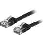 DELTACO U/UTP Cat6 fladt patchkabel i sort med to RJ45-stik på en hvid baggrund.