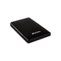 Ét sort Verbatim Store ´n´ Go Slim Portable SSD på en hvid baggrund, set fra et skråt perspektiv.