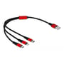 Oversigtsbillede af DeLock 3-i-1 USB-A ladekabel, der viser de tre forskellige stik (Lightning, Micro USB, USB-C) samlet.