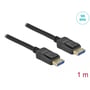 DisplayPort-kabel fra DeLock med stik vist tæt på samt markeringer for 10K ved 60 Hz og 1 meter.