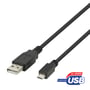 Deltaco USB 2.0 Micro B-kabel i sort set skråt med begge stik og USB-logoet ved siden af.