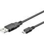 Sort USB 2.0 kabel med USB A han-stik i den ene ende og Micro USB B han-stik i den anden ende. Kablet er 3 meter langt.