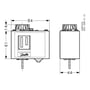 Danfoss termostat KP73 med dimensionstegninger og mål, viser front og side af enheden med kapillarrør.