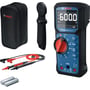Bosch GDM 600-15 Professional multimeter med tilbehør såsom sort taske, måleledninger, batterier og en ophængningsanordning.