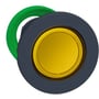 Schneider Electric Harmony XB5/ZB5 flush trykknaphoved i gul med en grøn bagmonteringsring, designet til LED-belysning.
