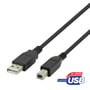 Sort Deltaco USB-B 2.0-kabel lagt diagonalt, så USB-A- og USB-B-stikkene ses forfra.