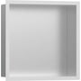 Hansgrohe XtraStoris Individual vægniche i mathvid med børstet rustfri stålindsats, måler 300x300x100mm.