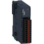 Schneider Electric TM3-modul AI8 (temp, strøm, volt) AO1, FK, set fra siden med fokus på fjederklemmer og mærkat med specifikationer.