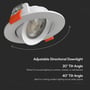 Tegning af V-TAC VT-2707CCT-2 LED-indbygningsspot, der kan vippes, med pile som viser retningen.