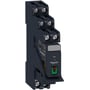 Schneider Electric Harmony RXG relæ med sokkel, 2 CO kontakter, 5A og 24VAC forsyning, vist med grøn testknap.
