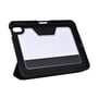 Indersiden af et sort, foldbart iPad-cover viser den gennemsigtige bagside og standflappen slået ud.