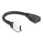 DeLock HDMI 2.1-keystone-modulkabel på 20 cm set skråt med kablet bøjet i en løkke og begge HDMI-hunstik synlige.