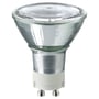 Detalje af Philips Metalhalogen CDM-RM Elite Mini 35W pære, viser GX10 MR16 sokkelen med to ben og hvid plastisolering.