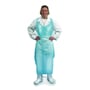 Activewear blåt engangsforklæde ses på en person forfra, beskåret tættere omkring overkroppen og forklædets pasform.