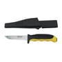 Ironside kniv med 97 mm rustfri klinge og sort-gult 2-komponentgreb vist sammen med plastskeden.