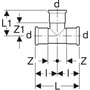 Teknisk tegning af Geberit Mapress tee med muffesamlinger til 42mm kobberrør, viser dimensioner som L, L1, Z1 og d.