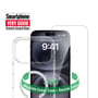 Klart cover og beskyttelsesglas vises foran en iPhone sammen med en udmærkelse for 4smarts 360° Premium Protection Set.