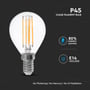 V-TAC P45 klar filament LED-pære med E14-fatning og 80% energibesparelse vist på mørk baggrund.