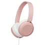 JVC HA-S31M-P-E hovedtelefoner i pink og hvid, vist fra siden med fokus på ørekop og justerbar bøjle.
