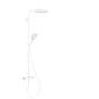 Hansgrohe Raindance Select S Showerpipe 240 i mat hvid, vist med hovedbruser, håndbruser og termostat på hvid baggrund.
