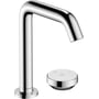 Hansgrohe Tecturis S 2-huls håndvaskarmatur i krom med cylindergreb og hvid betjeningsplade med varm/kold indikator.
