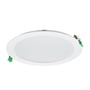 Philips CoreLine SlimDownlight er en rund, hvid indbygningslampe, set skråt forfra med grønne monteringsclips synlige.
