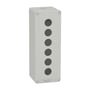 Schneider Electric Harmony XAP trykknapkasse i grå metal med 6xØ22 mm huller, 77mm dyb, IP65 klassificeret og klar til brug.