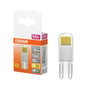 Osram LED PIN klar G9 pære og dens emballage med produktinformation og energimærke E.
