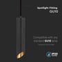 Close-up af sort V-TAC pendel, viser GU10 fatning og IP20 rating.