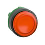 Detaljeret visning af Schneider Electric ZB5 LED lampetrykhoved i orange, fremhæver den runde, lysende linse og grønne monteringsdel.