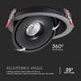 V-TAC 12W downlight illustreret med pile, der viser 360° rotation og justerbar vinkel med angivelse af 25° beam angle.