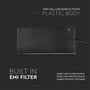 V-TAC-strømforsyningen ses vandret i en grafik med tekst om plastkabinet, EMI-filter og beskyttelse.